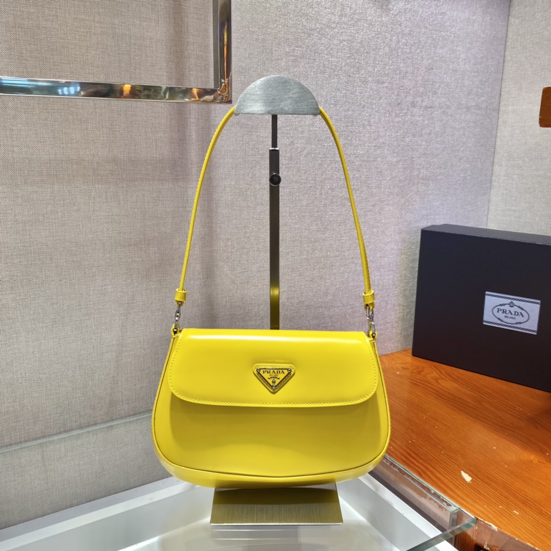 Prada Cleo Brushed Leather Shoulder Bag With Flap Yellow 1BD311